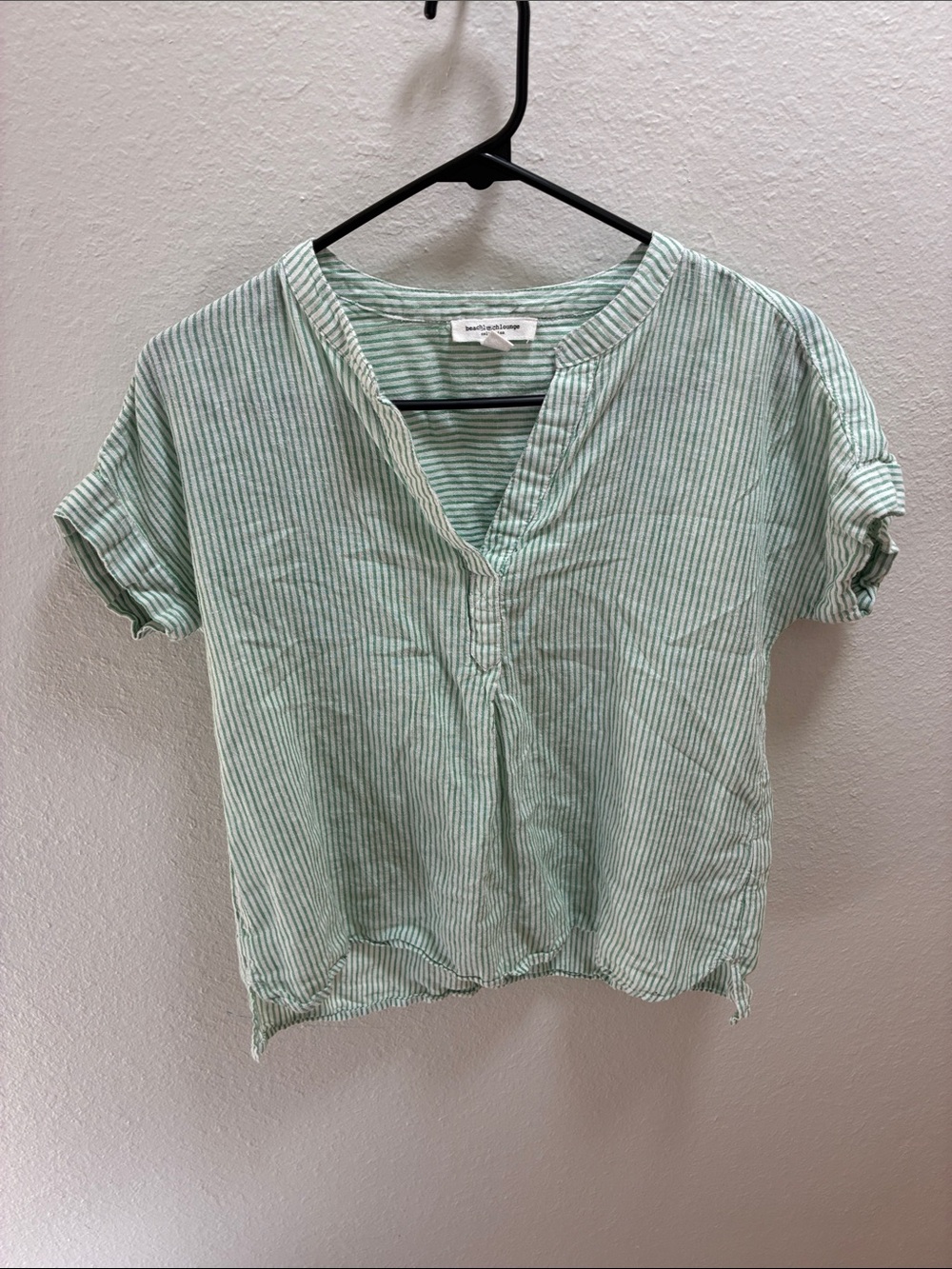 beachlunchlounge Mint Green Striped Split-Neck Top